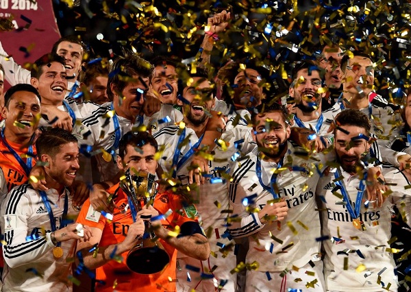 Real Madrid team pose with theChampion League trophy, after winning the Champion League title, against Atletico Madrid 4-1, in Lisbon, Portugal, Saturday, May 24, 2014. (AP Photo/Daniel Ochoa de Olza)
