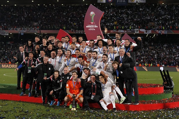 Real Madrid player celebrate winning the Champion League title, at the end of the Champions League final soccer match between Atletico Madrid and Real Madrid, at the Luz stadium, in Lisbon, Portugal, Saturday, May 24, 2014. (AP Photo/Daniel Ochoa de Olza)