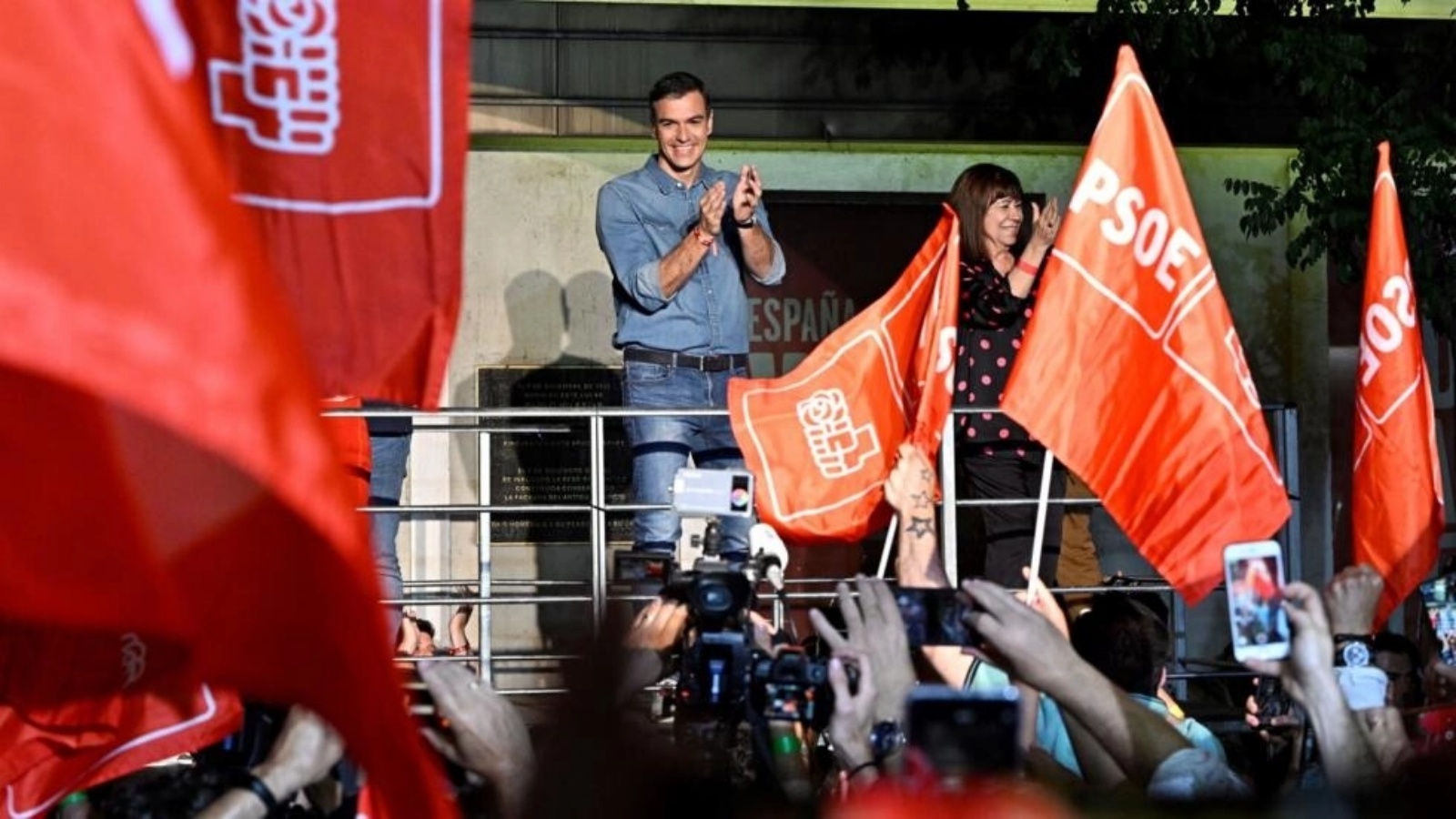 رئيس الوزراء الإسباني بيدرو سانشيز في مقر الحزب الاشتراكي بالعاصمة مدريد، 23 يوليو 2023