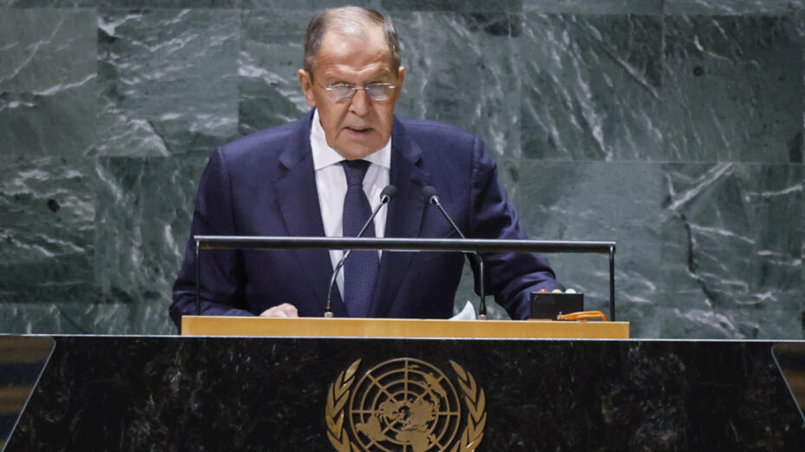وزير الخارجية الروسي سيرغي لافروف يلقي كلمة أمام الدورة الثامنة والسبعين للجمعية العامة للأمم المتحدة في مقر الأمم المتحدة في مدينة نيويورك في 23 سبتمبر/أيلول 2023