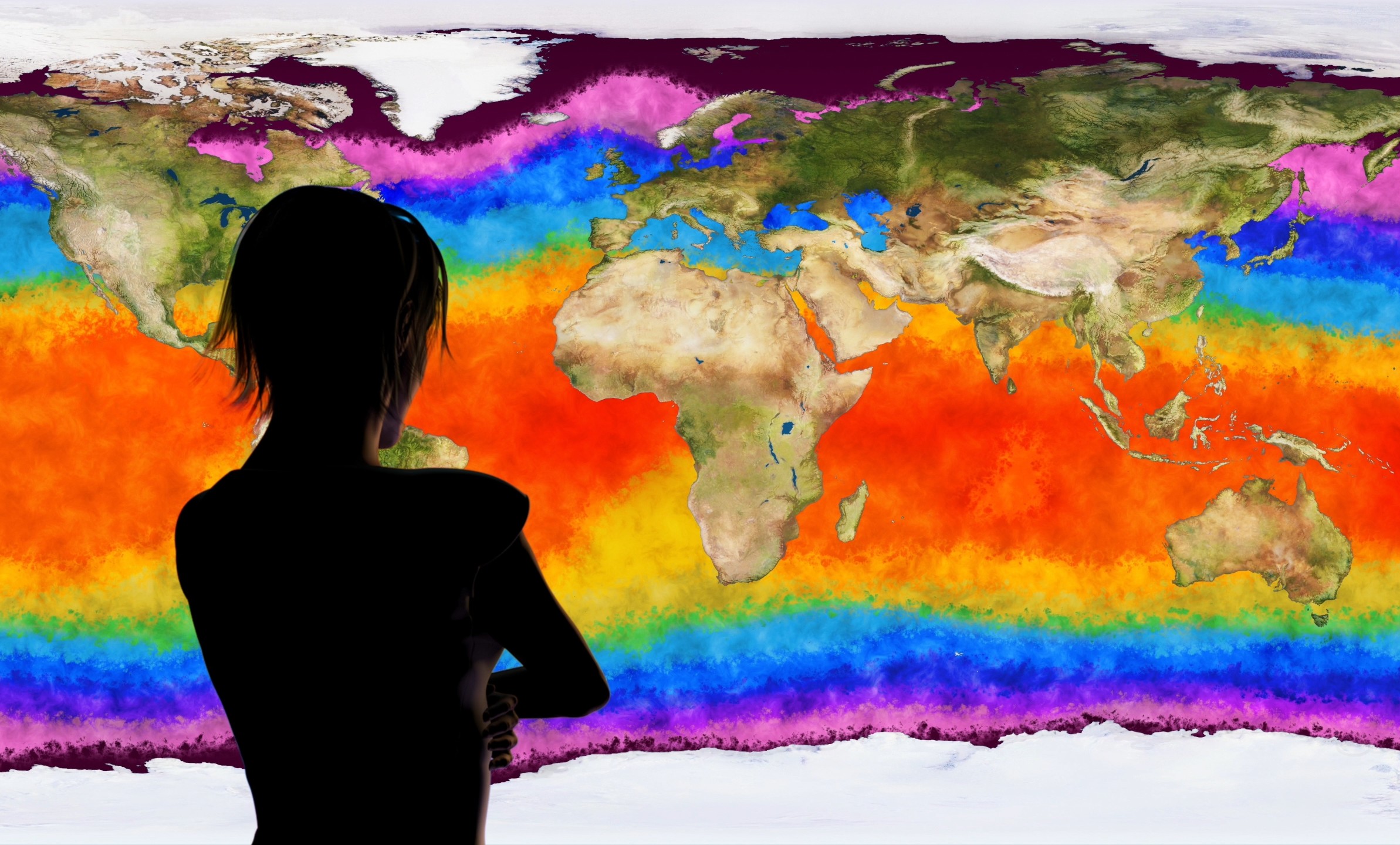 رسم توضيحي رقمي لامرأة تشاهد محاكاة لتغير المناخ