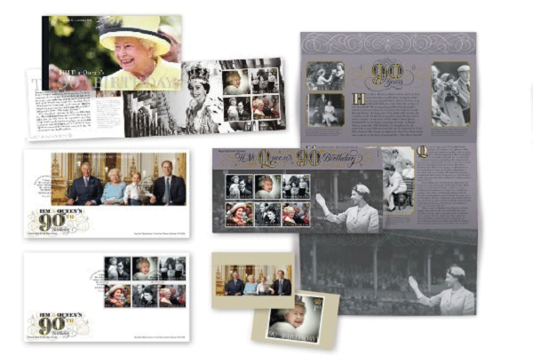 بعض الطوابع التي صدرت بمناسبة الذكرى التسعين لولادة الملكة