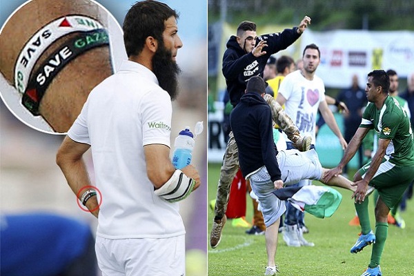 صورة مركبة للاعب الكريكيت معين علي الذي تضامن مع غزة وأخرى لهجوم محتجين على لاعبين إسرائيليين
