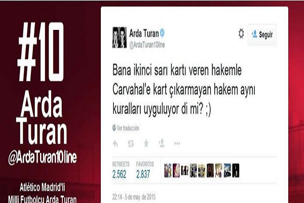 تغريدة النجم التركي أردا توران متوسط ميدان أتليتكو مدريد الإسباني
