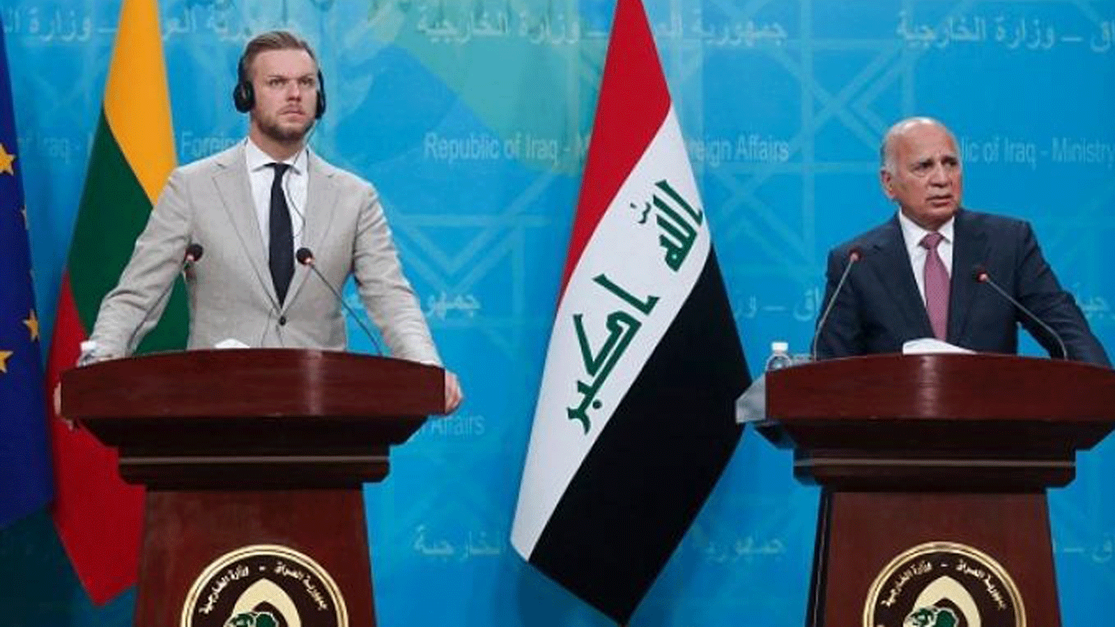 وزيرا خارجية العراق وليتوانيا خلال مؤتمرهما الصحافي أثناء زيارة الأخير الى بغداد في تموز يوليو الماضي