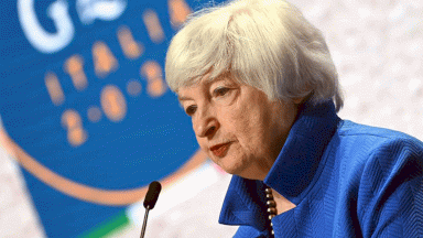 جانيت يلين خلال اجتماع وزراء مالية ومحافظي البنوك المركزية لمجموعة العشرين في البندقية. 11 تموز/يوليو 2021